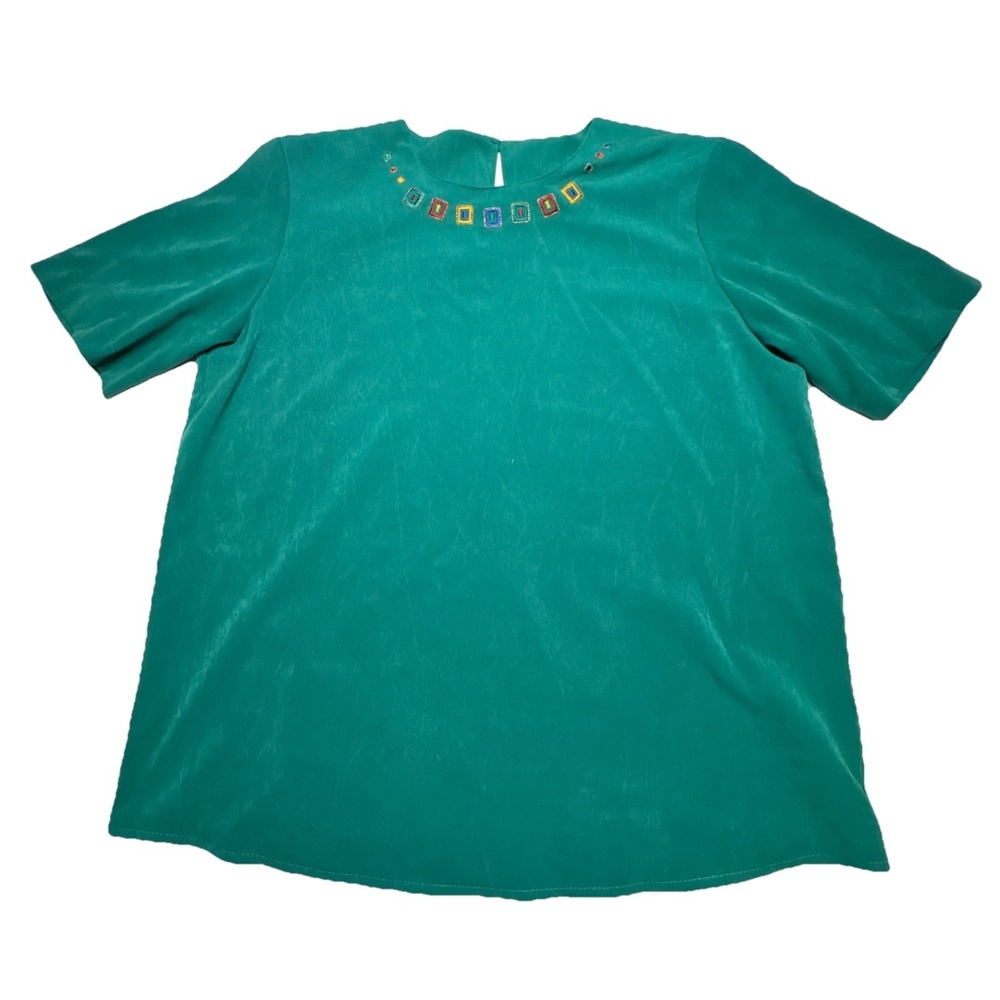 City Girl Sport Teal Green Embroidered‎ Neckline Microfiber Blouse Medium 3842